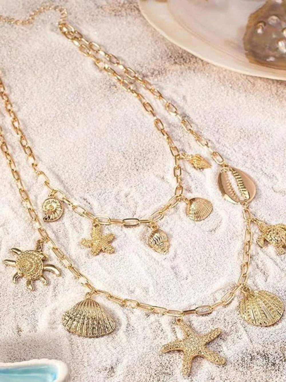 BRAND NEW Women Layered Gold Seashell Starfish Pearl Necklace